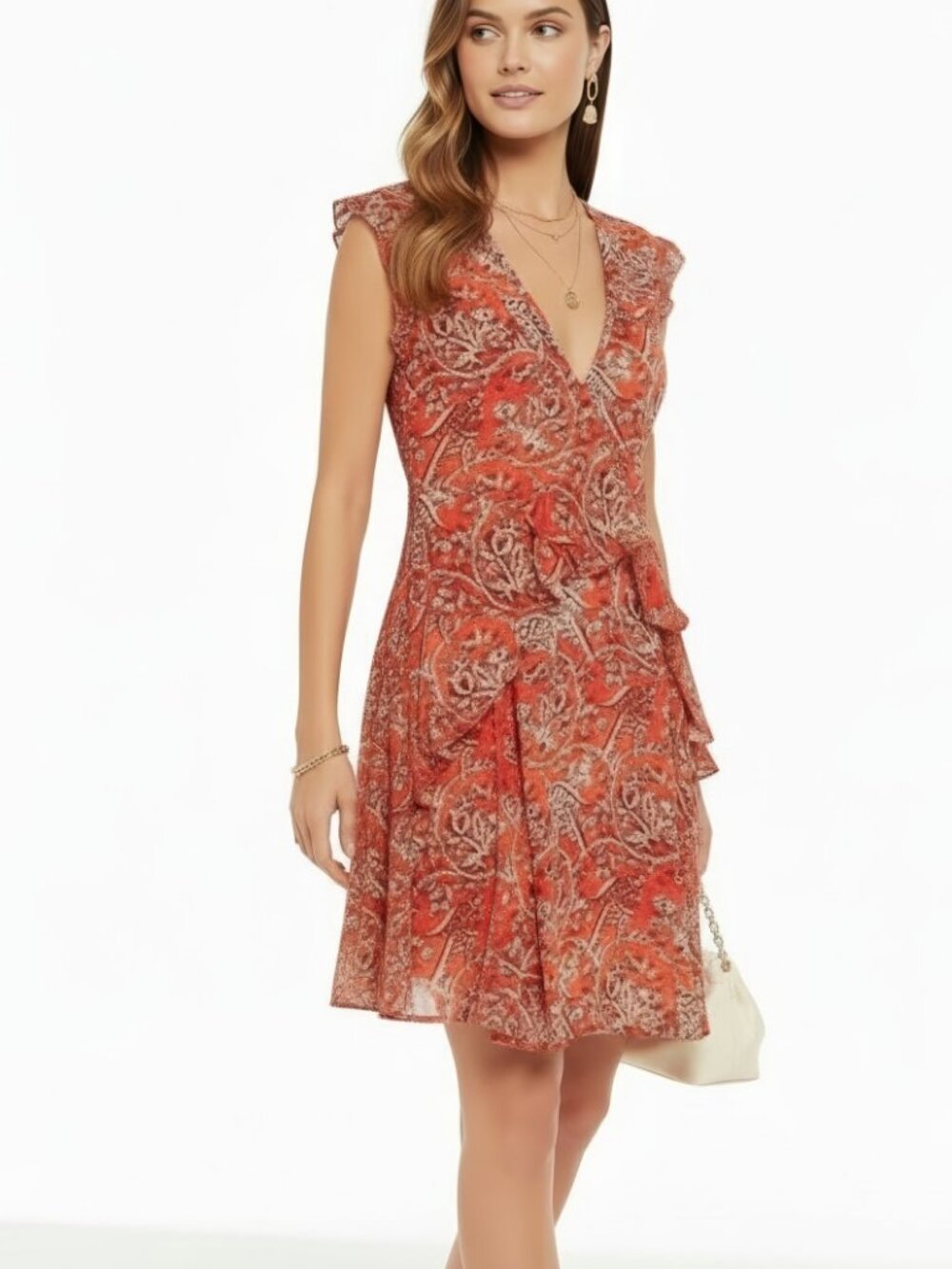 IRO Variety Ruffled Paisley Mini Dress Orange FR 38 US 6 - Picture 2 of 16